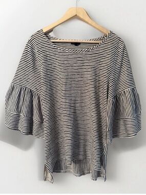 Jones New York Black & off white striped pullover blouse  with bell sleeves